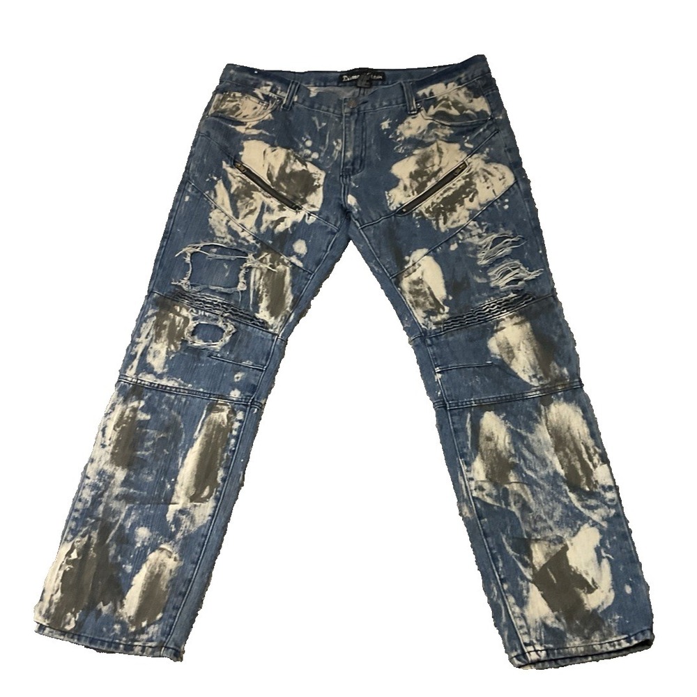 Diamond Stash Distressed Jeans Blue Gray Straight Relaxed Fit Paint Flag Tag 38W